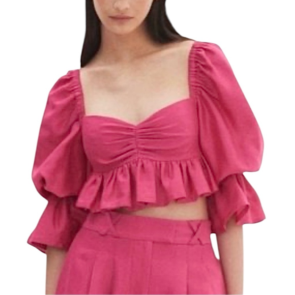 Alemais Pink Ruffle Blouse Cropped Half‎ Sleeve Size 2 Silk Cotton New Fuchsia